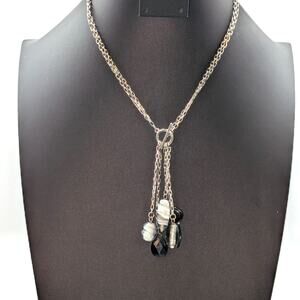 Silver Tone Double Square Link Chain Front Toggle Glass Bead Tassel 17" Necklace